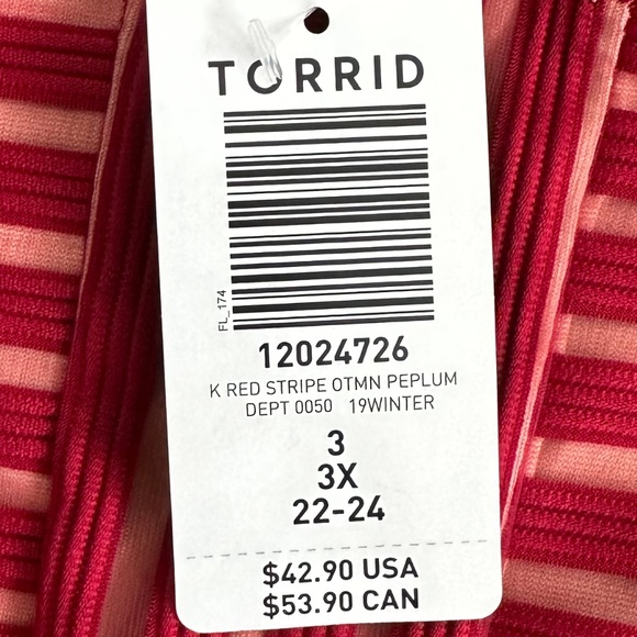 Torrid Shadow Stripe Peplum Top/Blouse Dark Red Size 3X NWT - Picture 8 of 15